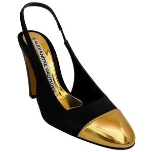 Alexandre Vauthier Black Satin Slingback Pumps with Gold Cap Toe